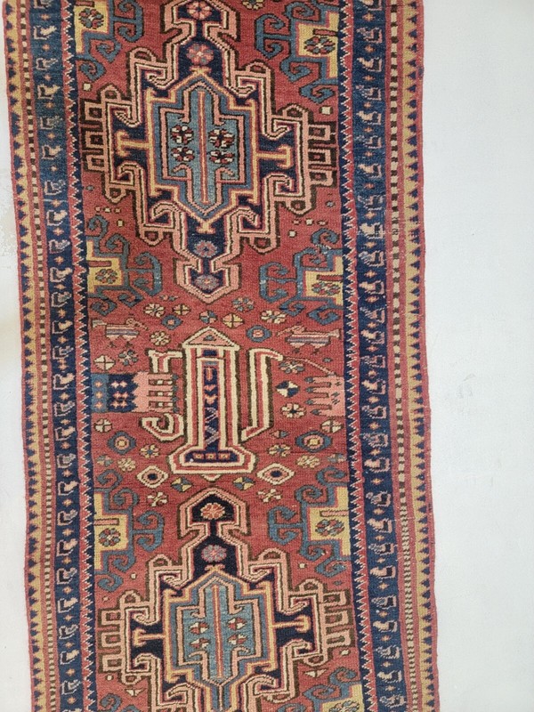 Antique Oriental Hand-Knotted Wool Runner Terracotta/Navy Blue/Beige 2'8" x 10'5 gallery