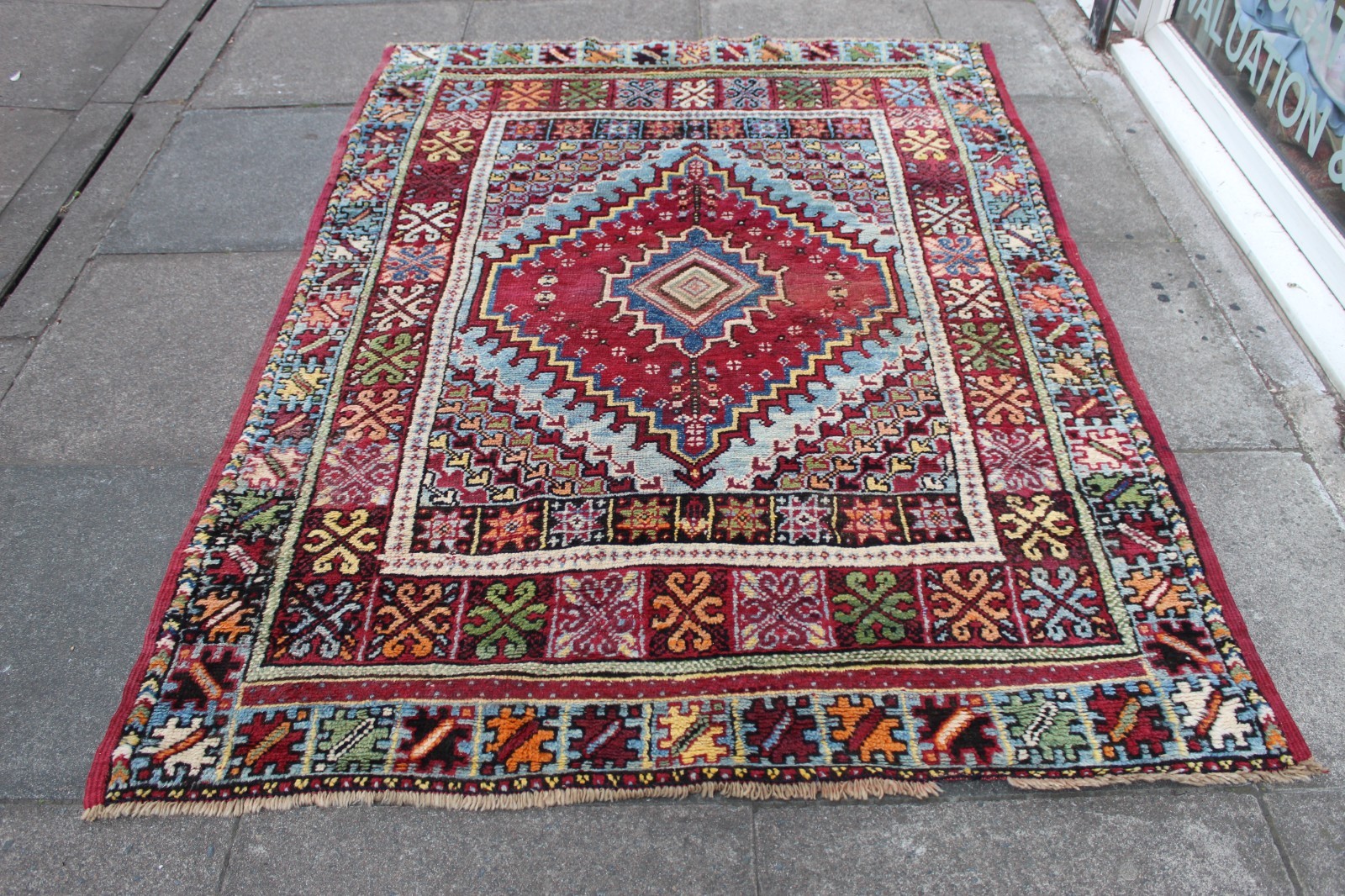 Vintage Worn Hand Made Traditional Oriental Wool Red Blue Large Rug 212x151cm gallery