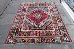 Vintage Worn Hand Made Traditional Oriental Wool Red Blue Large Rug 212x151cm