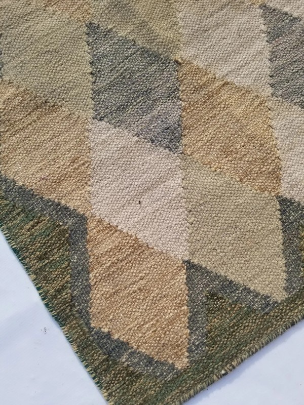 Vintage Handmade Traditional Geometric Beige Green Kilim Rug Carpet 232x151cm gallery