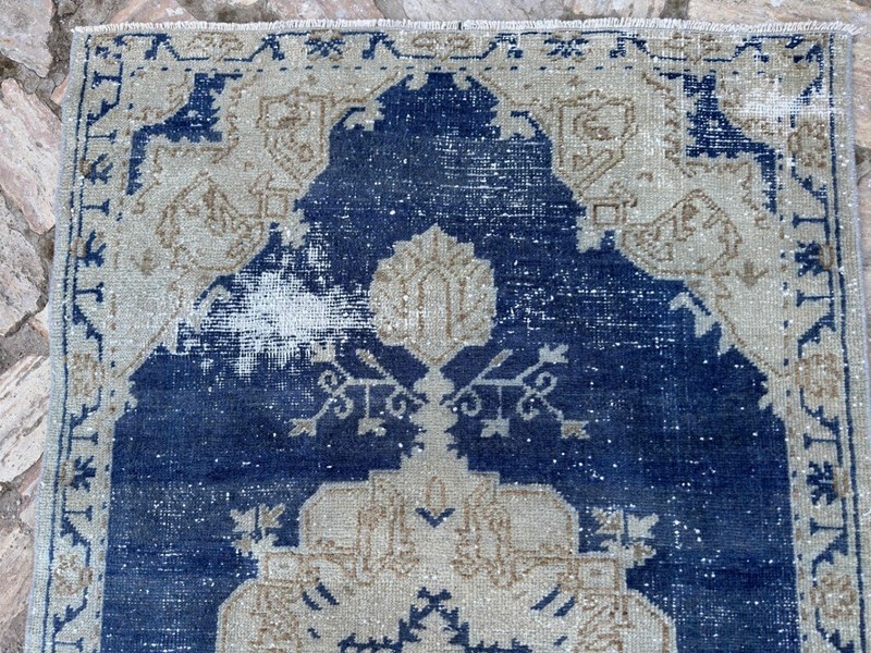 Hand-Knotted Turkish Carpet 3x5 Blue Wool Distressed Rug Muted Anatolian Carpet gallery