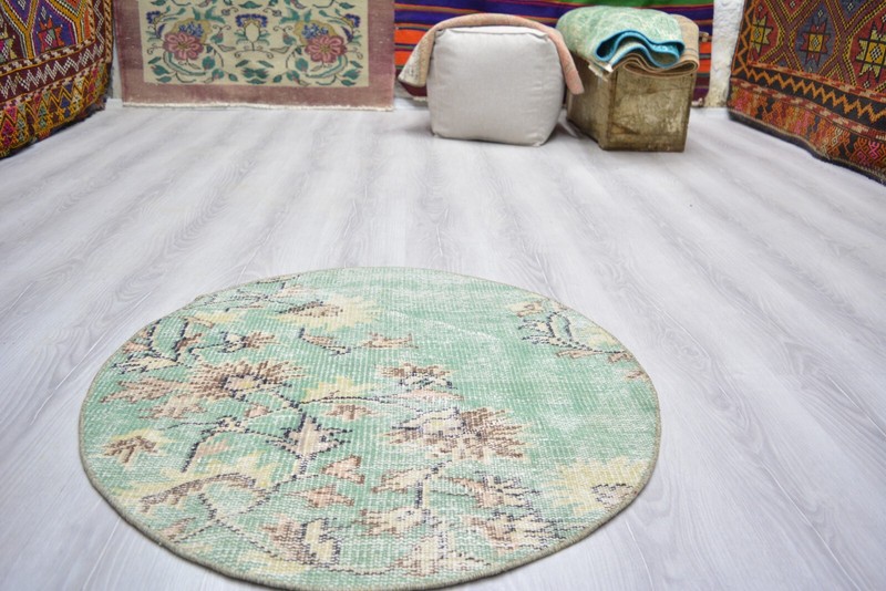 Green Vintage Handmade Door Mat, 2.6ft Round Entry Mat, Turkish Green Round Rug, gallery