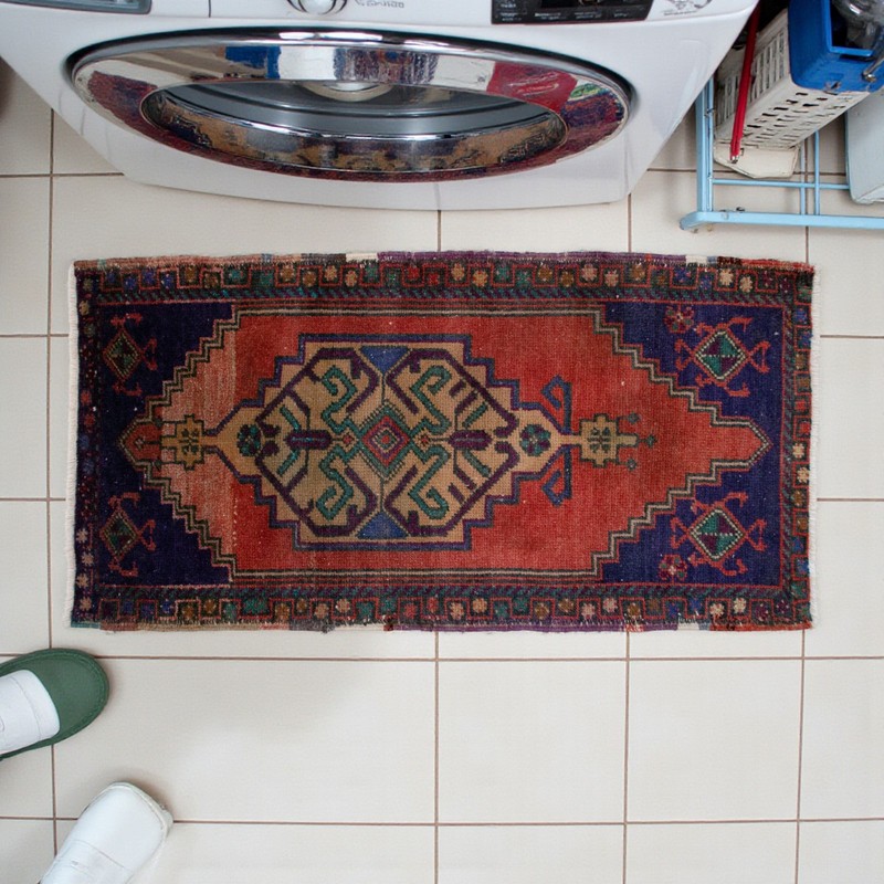 Vintage Turkish Rug Handmade Small Rug, Wool Doormat, Kitchen Rug, 21x42 inches gallery