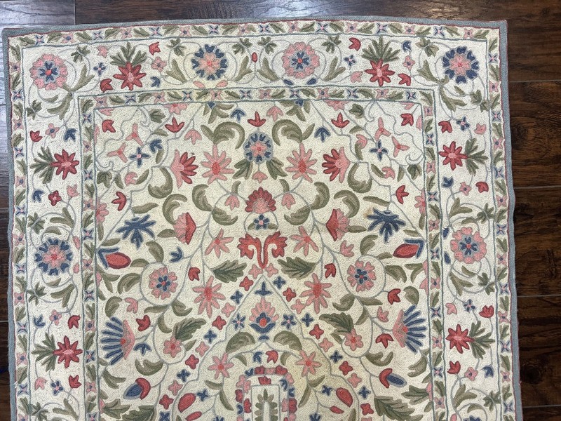 Hand Stitched Indian Rug 4x5, Floral, Vintage Hand Embroidered Rug gallery