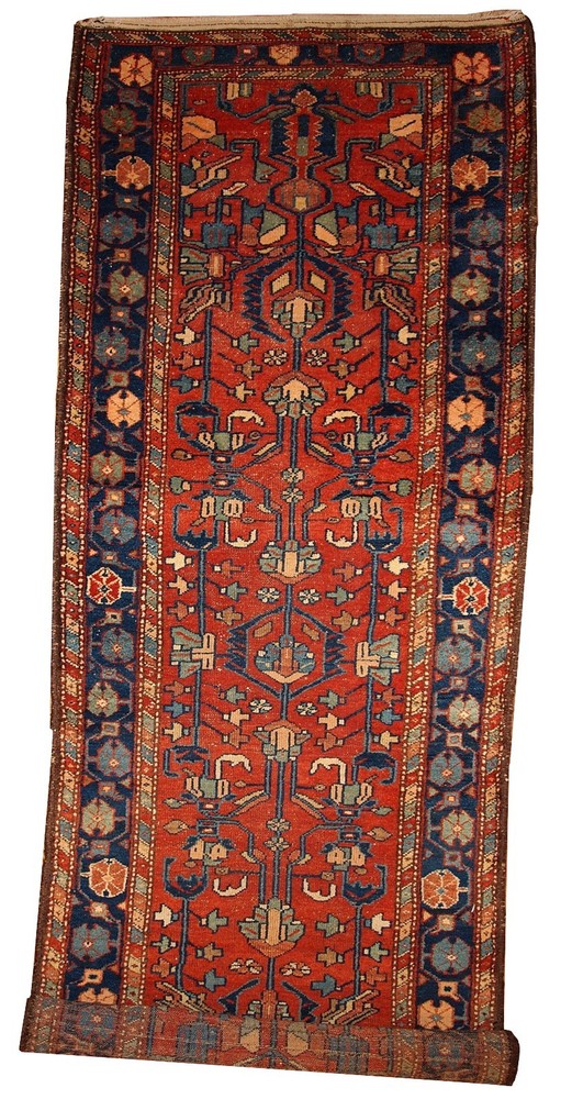 Handmade Antique Oriental Runner Rug 100cm x 310cm Wool 1920s Red Blue