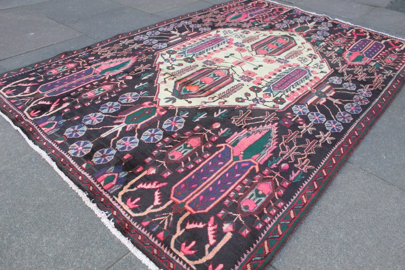 Vintage Hand Made Traditional Oriental Wool Blue Pink Large Rug 245x161cm gallery