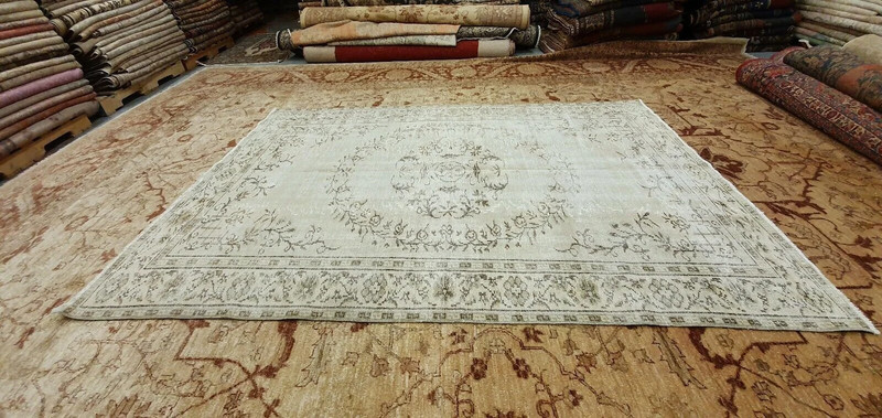Rare Antique 1930-1939s Wool Pile Sage Green Dye Distressed Oushak Rug 6x8ft gallery