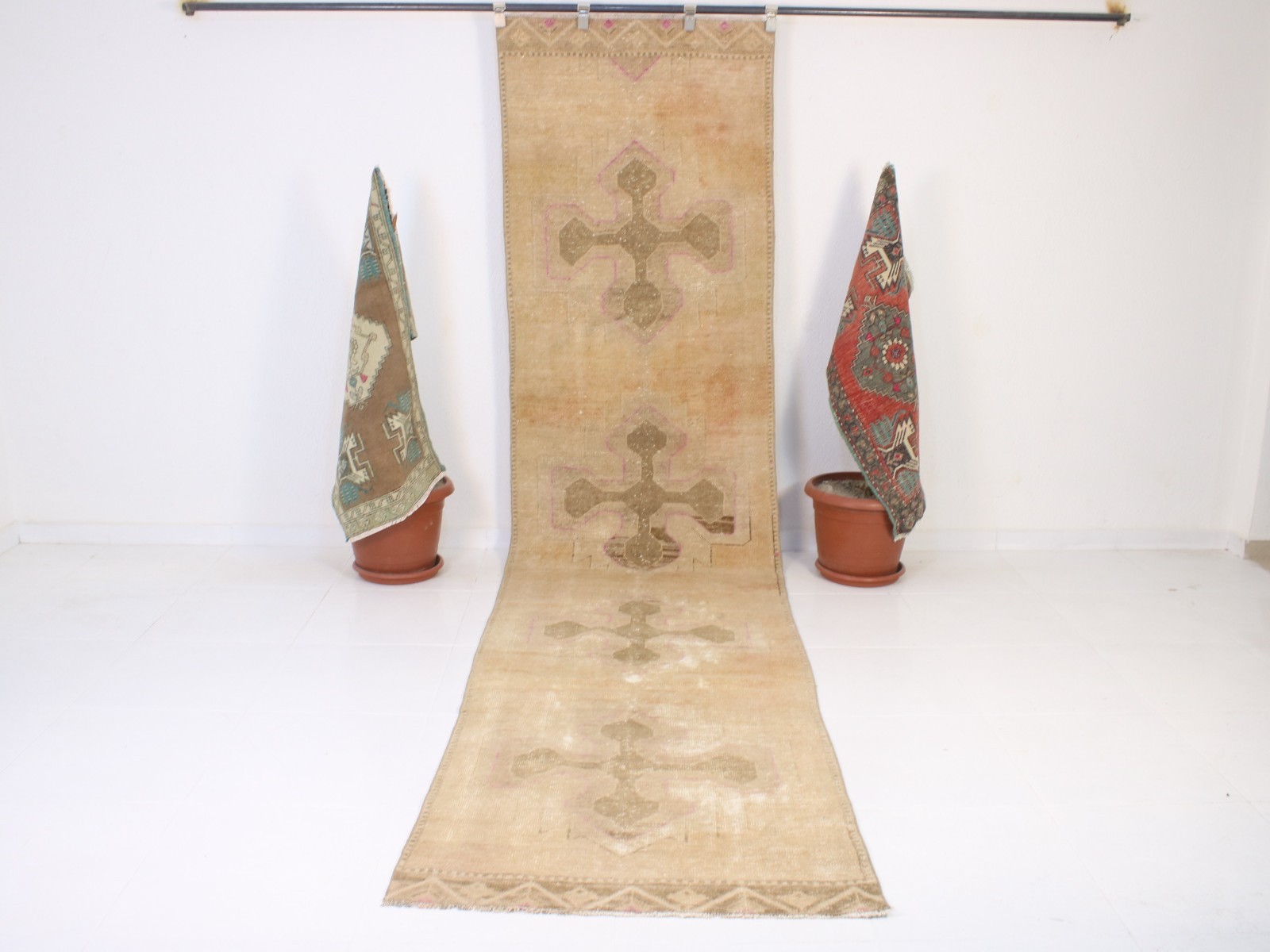 Extra Long Vintage Runner Rug - Beige Brown Distressed Wool Hallway Rug 3x12 ft gallery