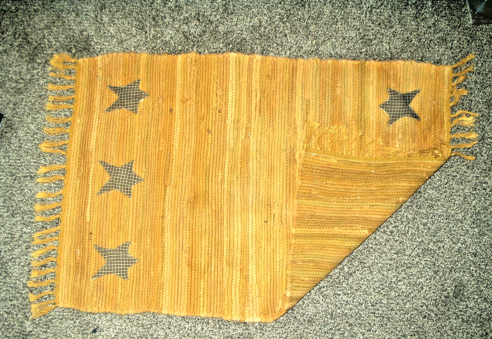 Vintage Folk Art Rug Hand Woven w/ Fringe 35" x 24" Hand Made Rectangle w/ Stars gallery