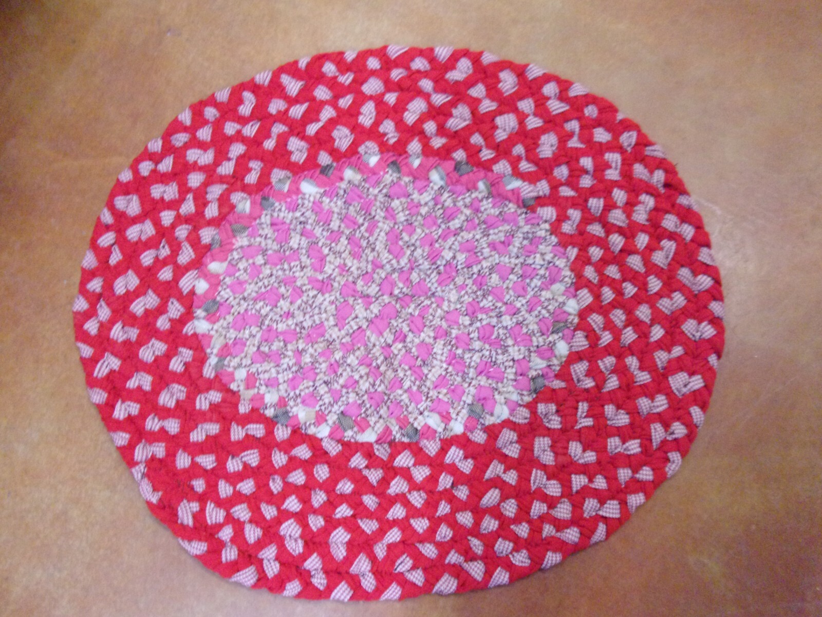 Vintage Handmade Braided Rug - New/Unused - 28" X 25" - Red/Pink gallery