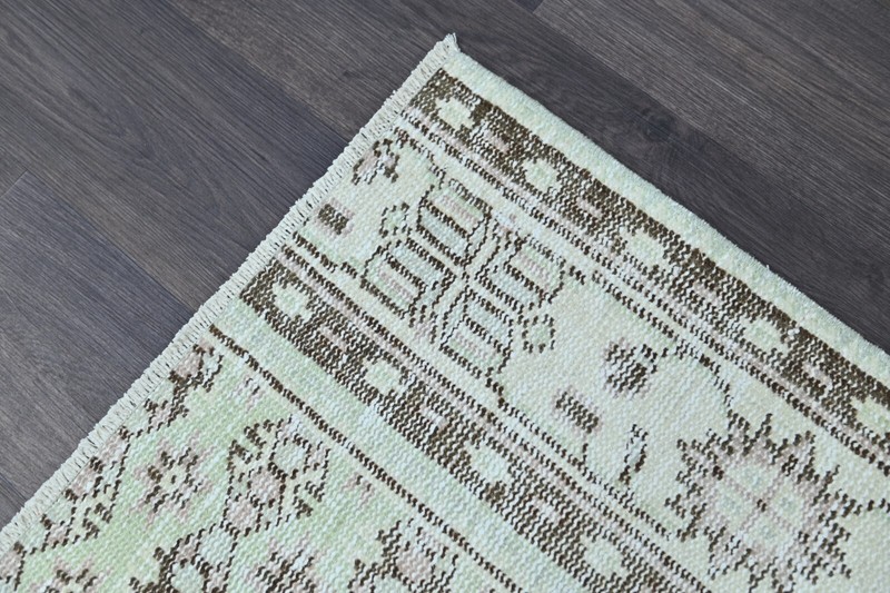 Vintage Turkish Runner Rug 2x7ft GREEN Handmade Anatolian Oushak Hallway Wool gallery