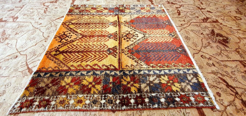 Primitive Antique Cr1900-1939s Multi-Colored Wool Pile Tribal Area Rug 5x5ft gallery