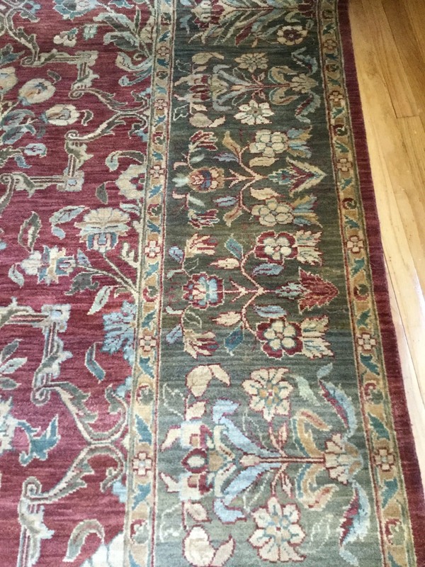 100% Wool Antique Rug, Handmade in India, 9'x12', with fringing on edge. gallery