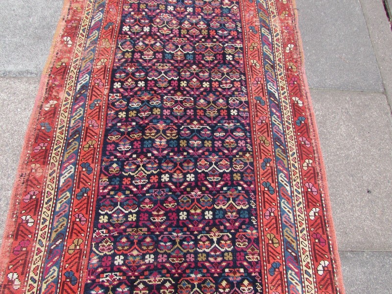 Antique Worn Hand Made Traditional Oriental Wool Blue Long Runner 393x105cm gallery
