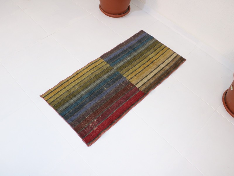 One of a Kind Vintage Turkish Rug 1.6 x 3.4 Ft – Handmade Wool Blue Red Yellow gallery
