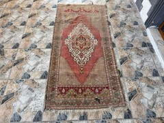 1970s Turkish Anatolian Rug 3×6 ft Red Hand-Knotted Wool Geometric Distressed