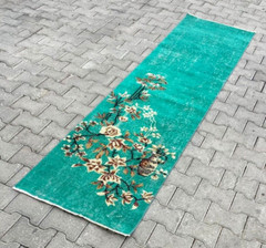 Green Runner Rug, Runner Rug 2.2×8.8 ft Vintage Rug, Hallway Rug, Kitchen Rug