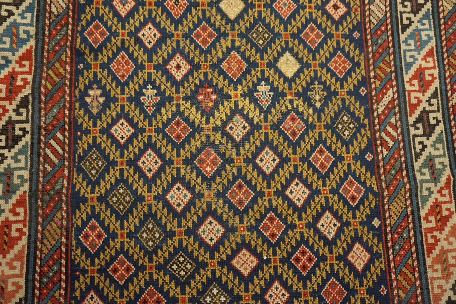 3'x4' Late 19th Century Antique Blue Square Tribal Geometric Caucasian Shirvan gallery