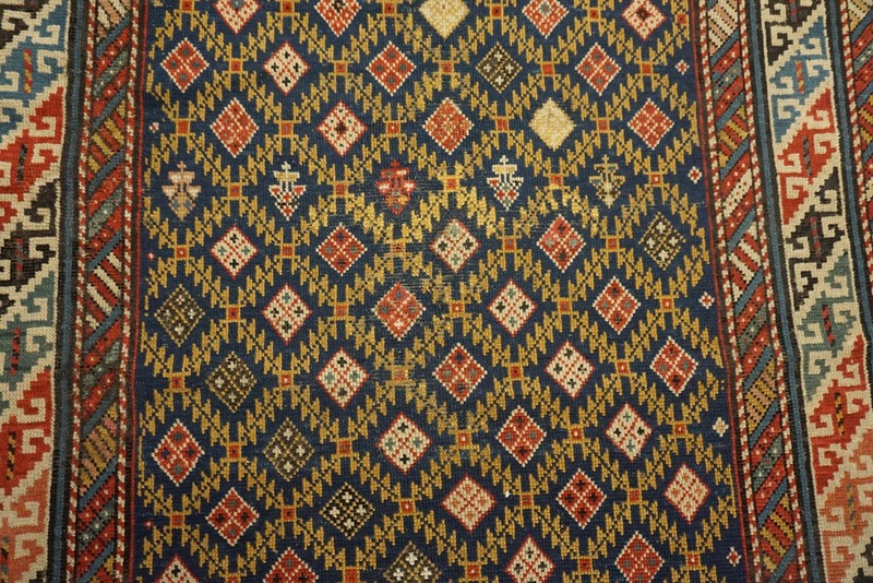 3'x4' Late 19th Century Antique Blue Square Tribal Geometric Caucasian Shirvan gallery
