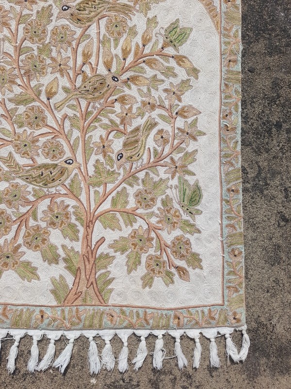 Vintage Traditional Handmade Kashmiri Crewel Tree of Life Wool Rug 89x58 cm gallery