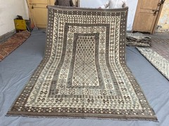 7×10 Modern Afghan Flat Weave Kilim Rug Beige and Gray Geometric Living Room Rug