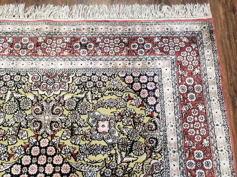 Vintage Silk Rug w/ Gold Threads 5x8 Kashmiri Silk Oriental Carpet Red & Black gallery