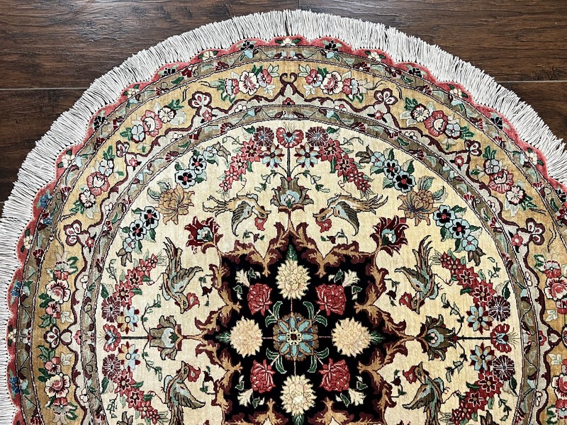 Silk Round Rug 3x3 Very Fine Handmade Carpet 380 KPSI Cream Gold Bird Pictorials gallery
