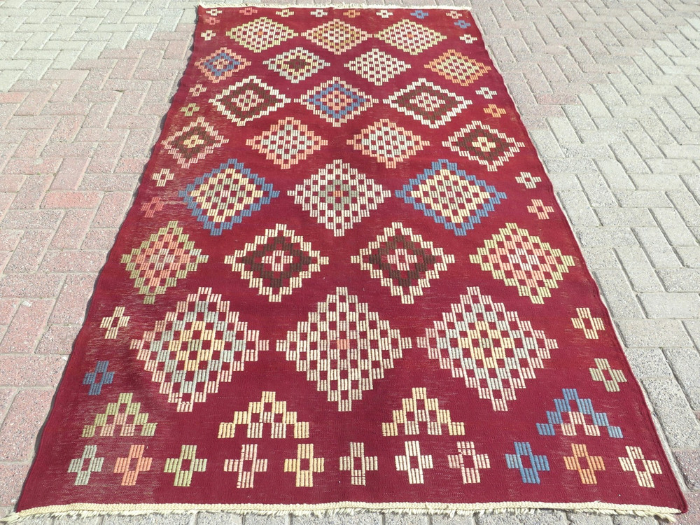 Area Rug, Vintage Turkish Kilim, Red Color Wool Rugs, Large Sard Carpet 59"x110"
