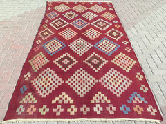 Area Rug, Vintage Turkish Kilim, Red Color Wool Rugs, Large Sard Carpet 59″x110″
