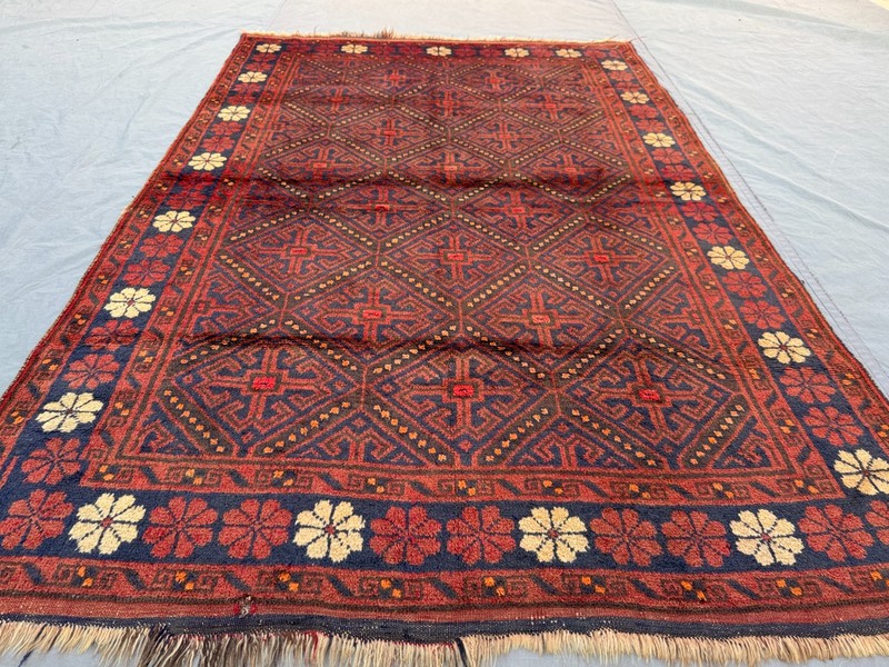 Red Blue Afghan Hand Knotted Wool Rug 4'10x7'4 Vintage Geometric Floral Area Rug gallery
