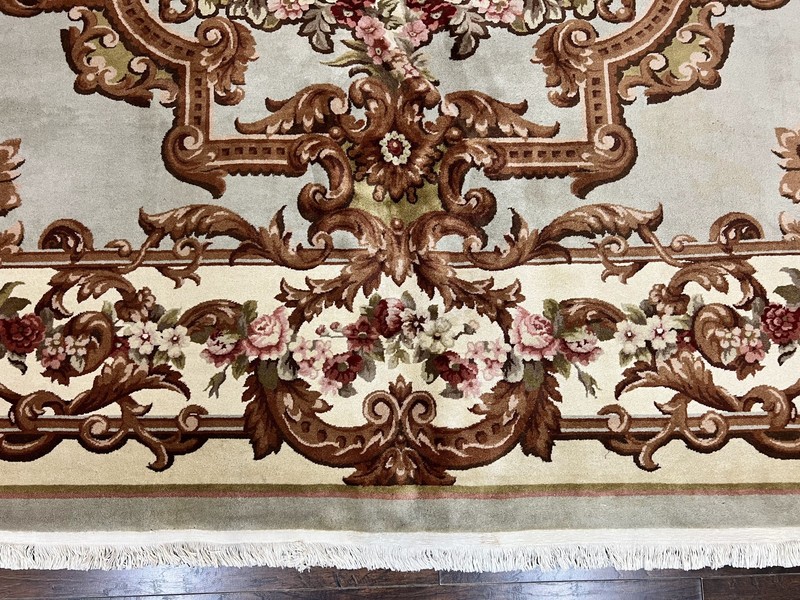 Aubusson Rug 10x13 Cream Mint Green Handmade French European Wool Pile Large Rug gallery