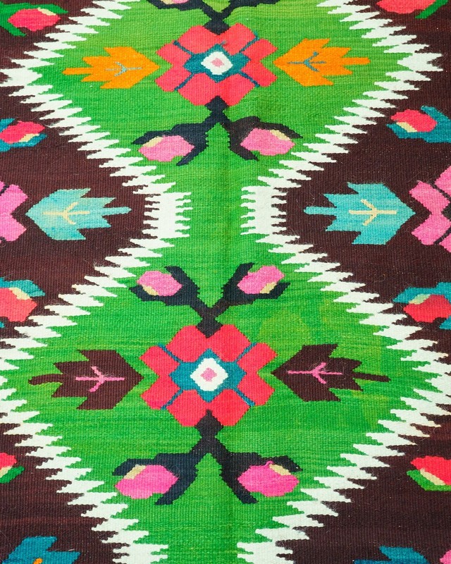 Oltenian Kilim Runner 100% Wool Geometric Green Pink Fuchsia 1970s Romania 15x6f gallery
