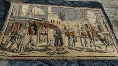 ANTIQUE ISLAMIC SILK RUG STREET MARKET SCENE 49″ X 77″
