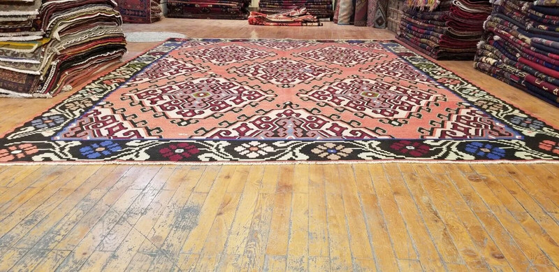Bohemian 1900-1939s Antique Wool Pile Natural Dye Flat-Woven Kilim 7'9"×10'6" gallery