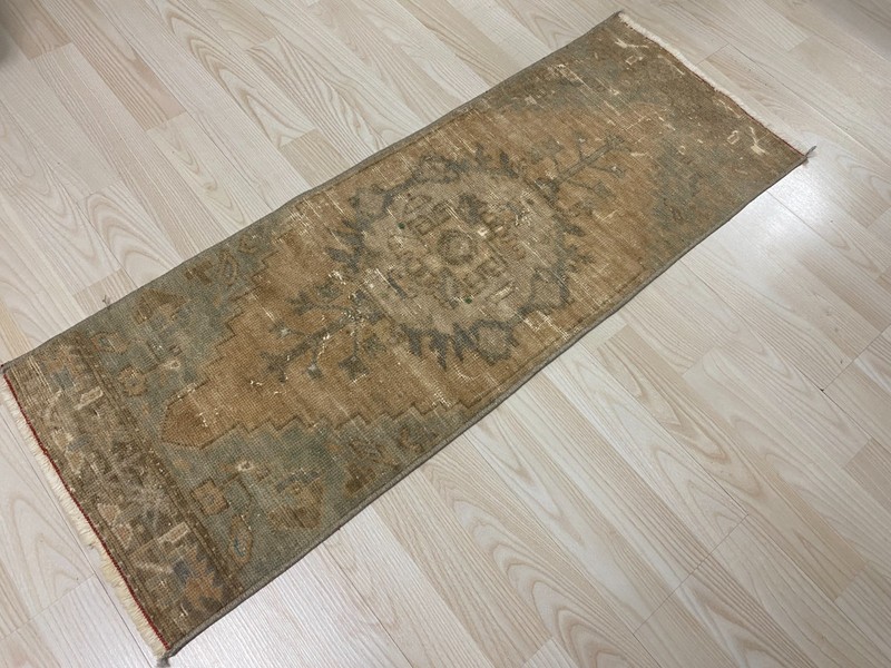 Vintage Handwoven Turkish Small Rug 1.3x3.4 ft Wool Distressed Neutral Carpet gallery