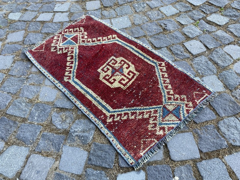 Vintage Turkish Rug, Hand-Knotted Wool, Ruby Red Ivory Muted Boho Accent Rug gallery