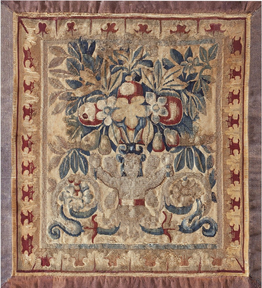 1'x1' Antique 18th Century Small Square Green Flemish Tapestry Rug