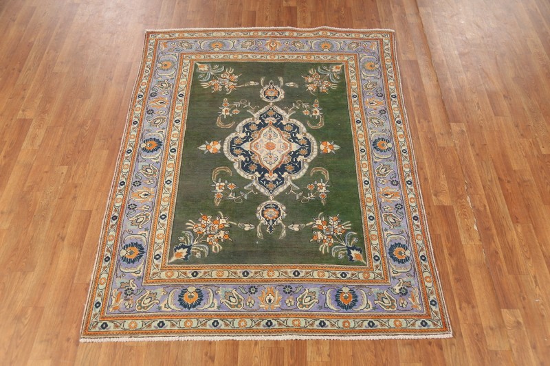 Vintage Tebriz Hand-knotted Traditional Rug Wool Green Over-Dyed Carpet 5x6 gallery