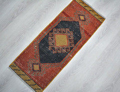 Red Antique Handmade Rug, 1.2×3.2ft, Turkish Geometric Rug, Vintage Door Mat,