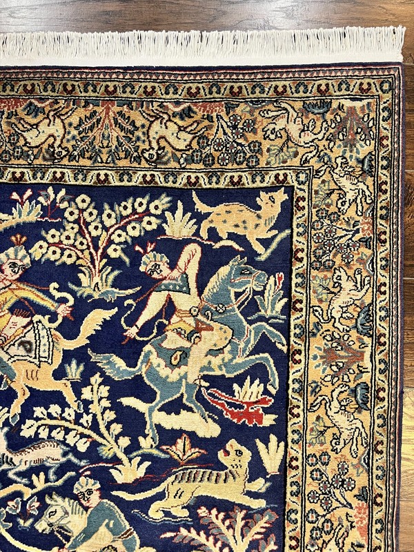 Oriental Rug 4x5 Vintage Wool Handmade Hunting Design Carpet Navy Blue & Mustard gallery