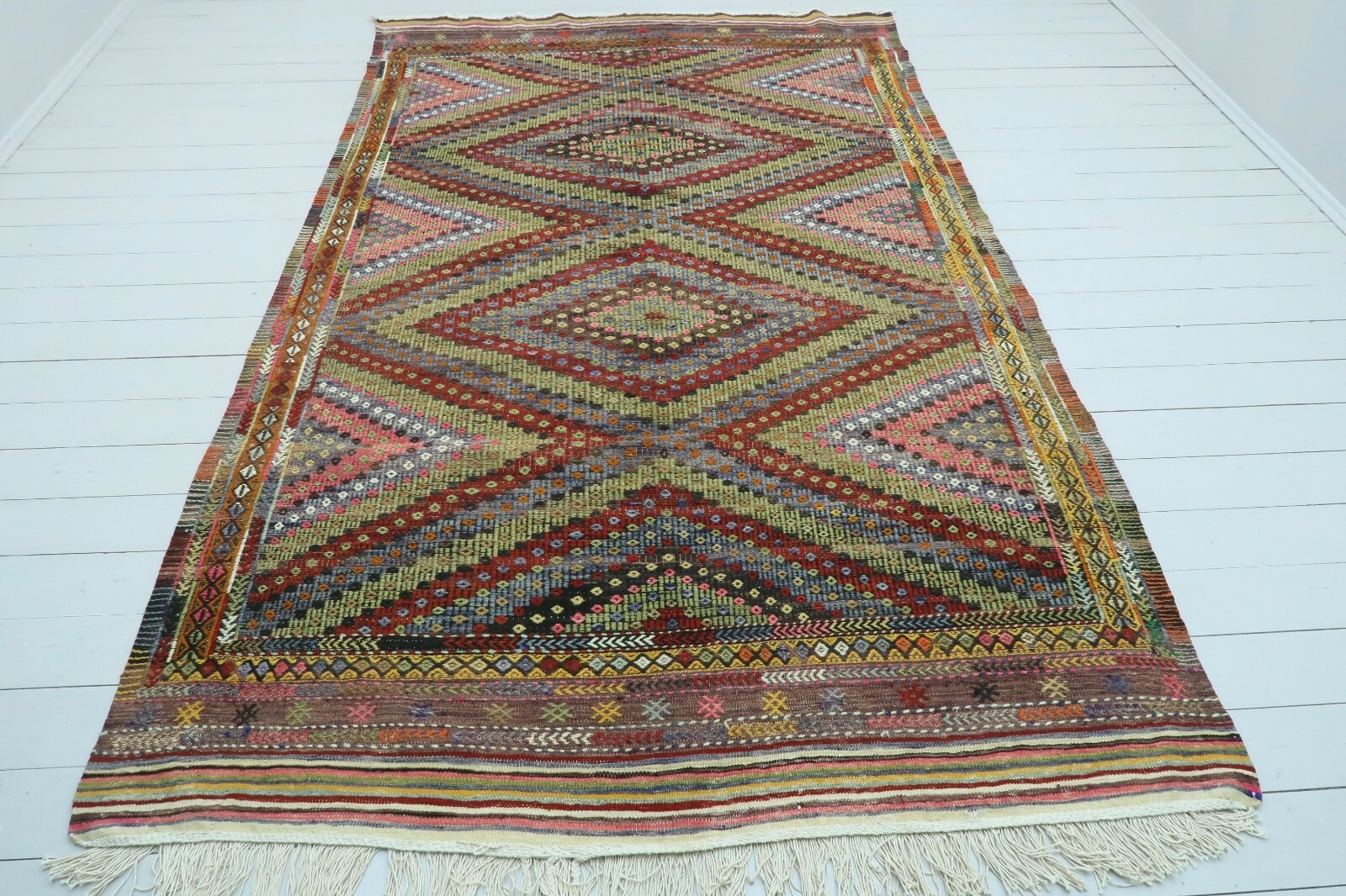 Vintage Turkish Earth Tone Geometric Multicolor Rug, Handwoven Carpet 69"x114" gallery