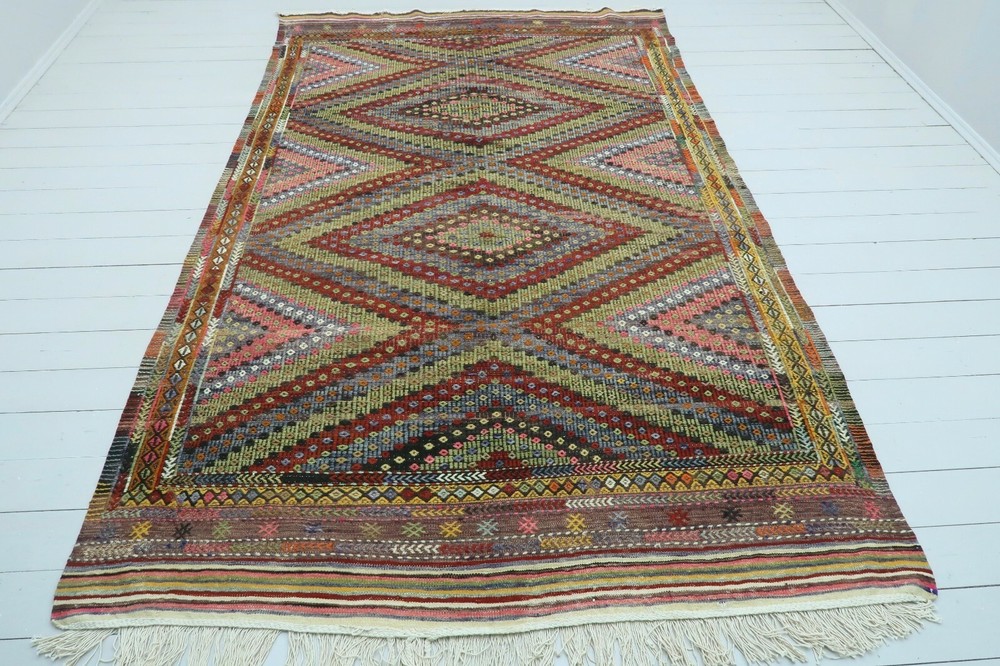 Vintage Turkish Earth Tone Geometric Multicolor Rug, Handwoven Carpet 69"x114"