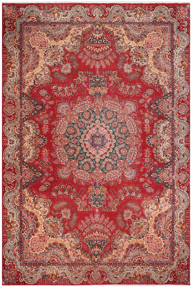 Captivating Hand-Knotted Wool Area Rug - Ruby Red & Multi-Colored Medallion