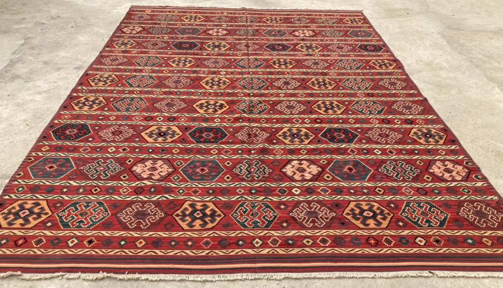 Vintage Traditional Handmade Bukhara Geometric Wool Kilim Floor Rug 400x284 cm