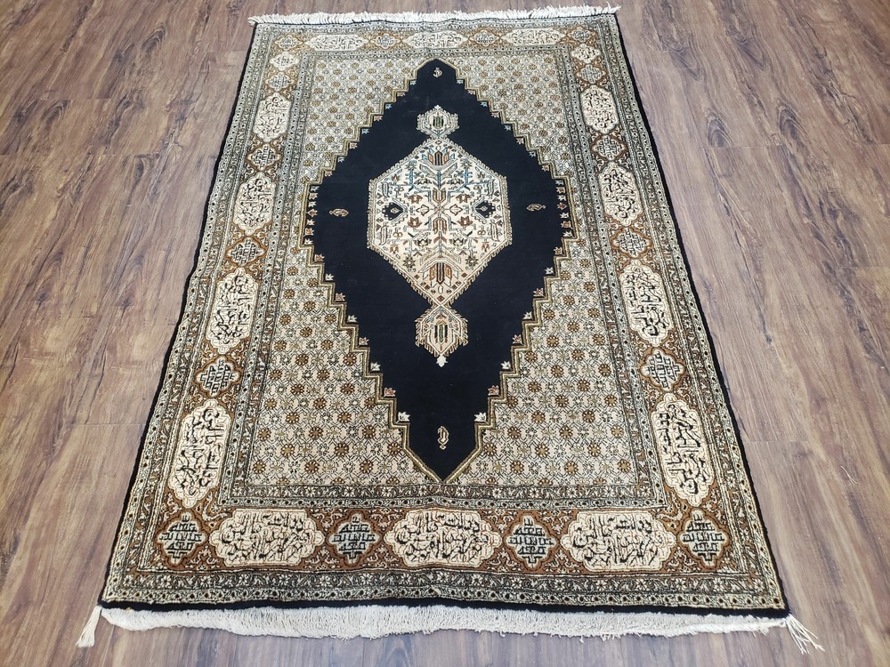 Silk Oriental Rug 3x5 - 4x6 Silk on Silk Top Quality Fine Handmade Black Beige