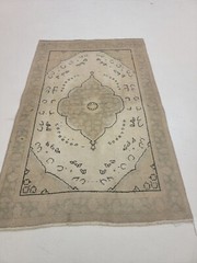 Antique Oriental Hand-Knotted Wool Area Rug Ivory/Black/Green/Beige 3’3″ x 4’11”
