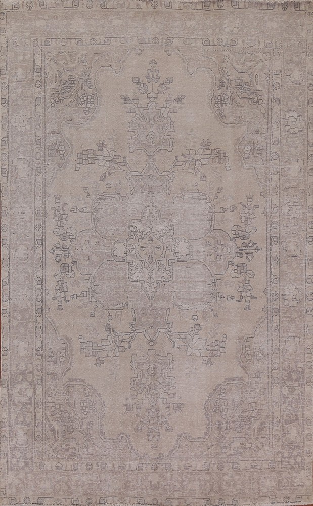 Distressed Muted Area Rug 7x10 Ft Hand-Knotted Beige Distressed Wool Carpet