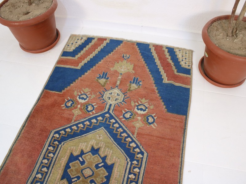 2.8 x 5.9 Feet Handmade Turkish Rug – 88 x 182 cm Orange Blue Vintage Wool Carpe gallery