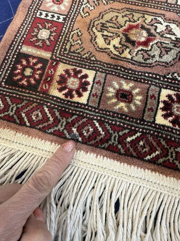Vintage Miniature Oriental Style Medallion Rug Mat Fringe Red Cream 11" x 12" gallery