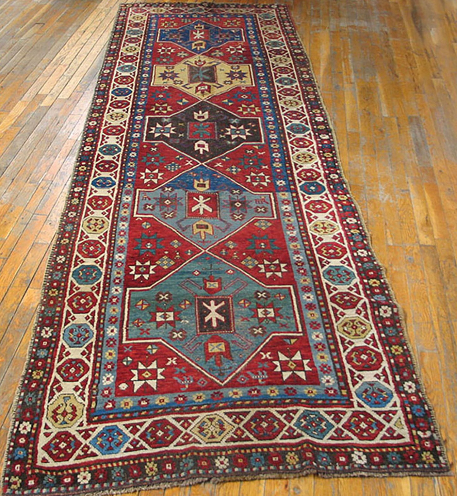 3'x11' Antique Late 19th Century Tribal Geometric Caucasian Red Hallway Runner gallery